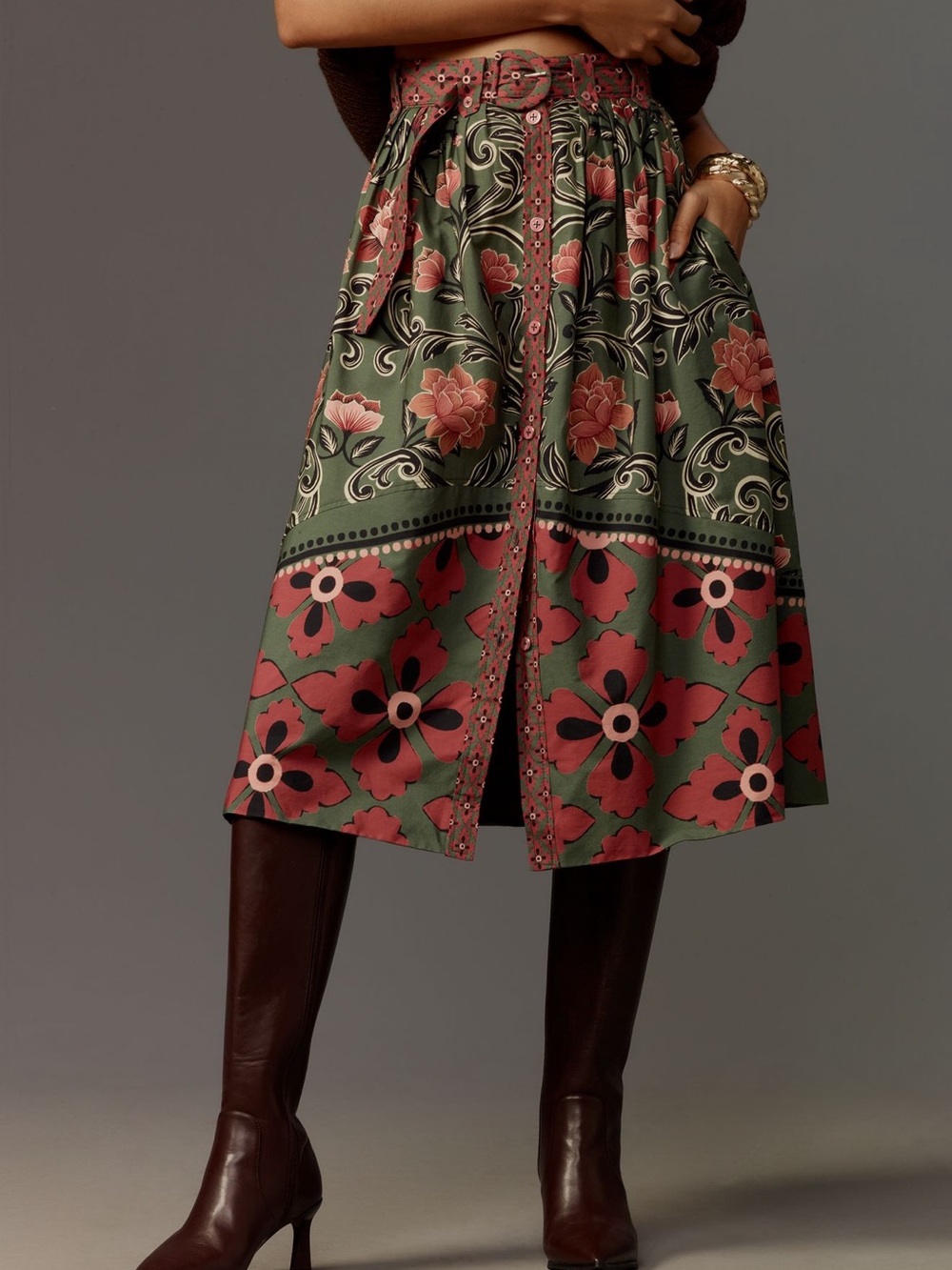 FARM Rio Arabesque Floral Green Midi Skirt Green and Rose size SMALL